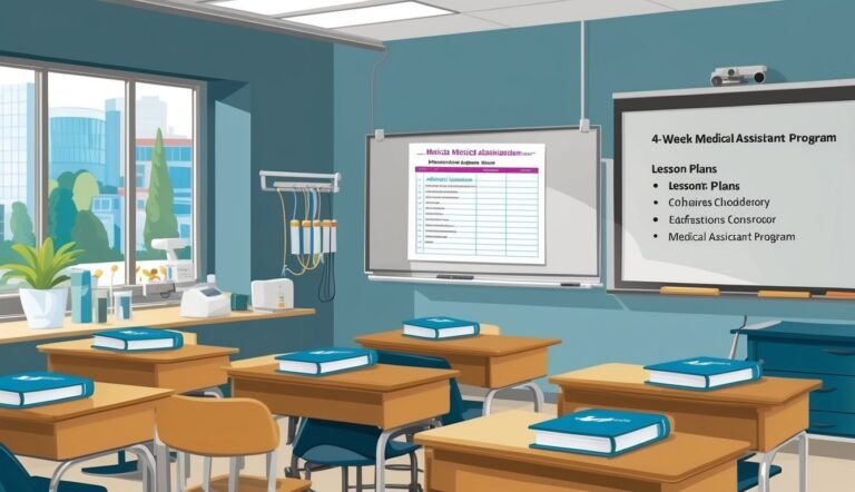 Classroom with desks, books, and whiteboards detailing a medical assistant program