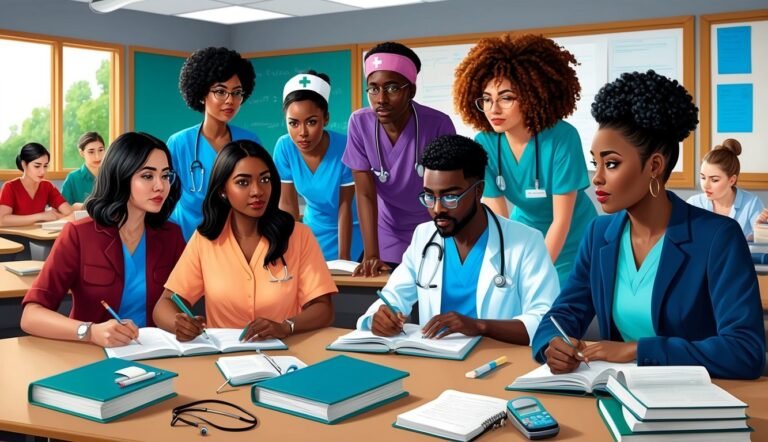 Medical students in a classroom, taking notes and studying together