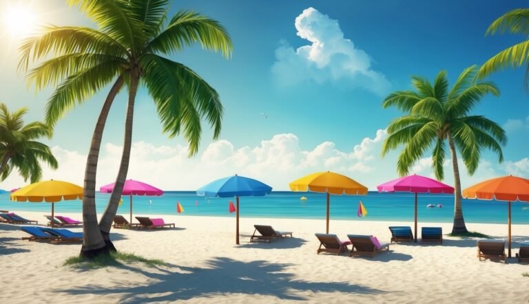 Beach scene with palm trees, colorful umbrellas, and lounge chairs