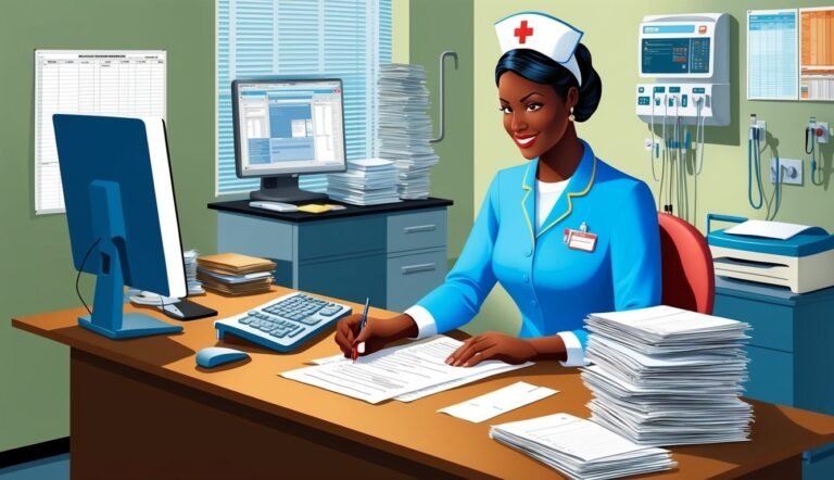 Smiling nurse in uniform working at a desk with paperwork and computer