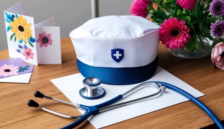 Nurse's cap, stethoscope, flowers, and cards on a wooden table