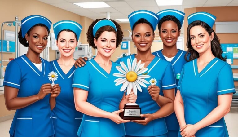 Six smiling nurses in blue uniforms holding daisies and a trophy