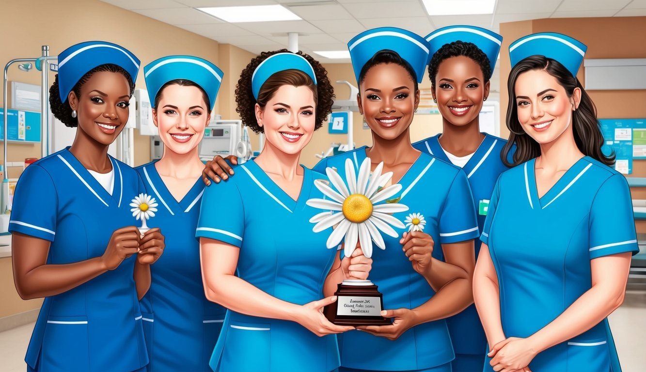 Six smiling nurses in blue uniforms holding daisies and a trophy