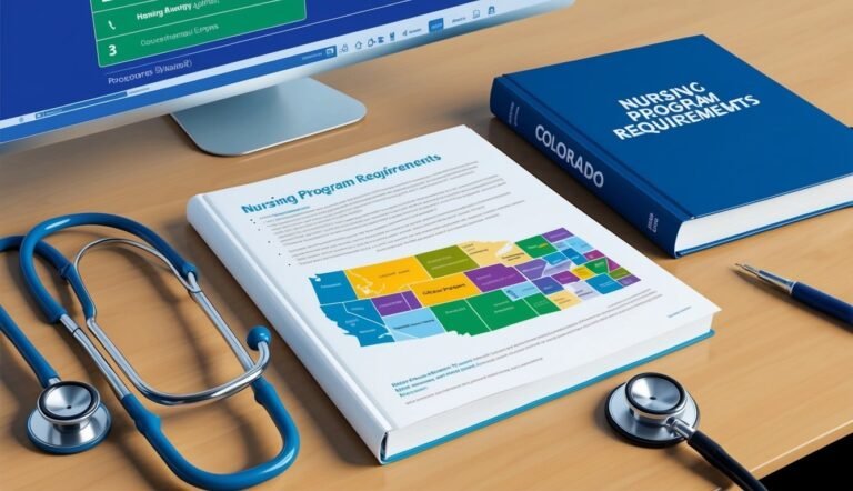 Nursing program requirements book, stethoscope, and computer on a desk