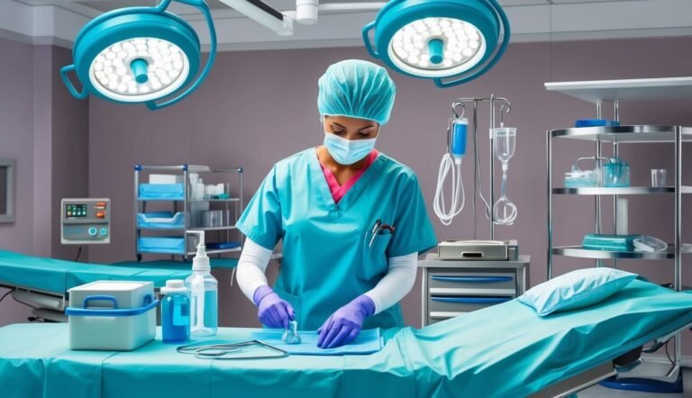 Surgeon in scrubs preparing instruments in a sterile operating room