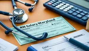 Stethoscope, check, and calculator on a desk, RN salary in Maryland