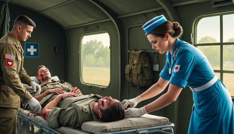 Injured soldier on a stretcher being treated by a nurse and medic