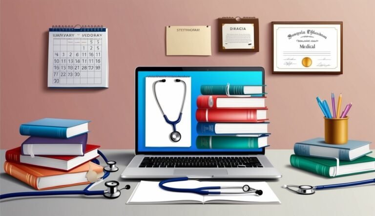 Laptop with stethoscope, books, and medical diploma on a desk