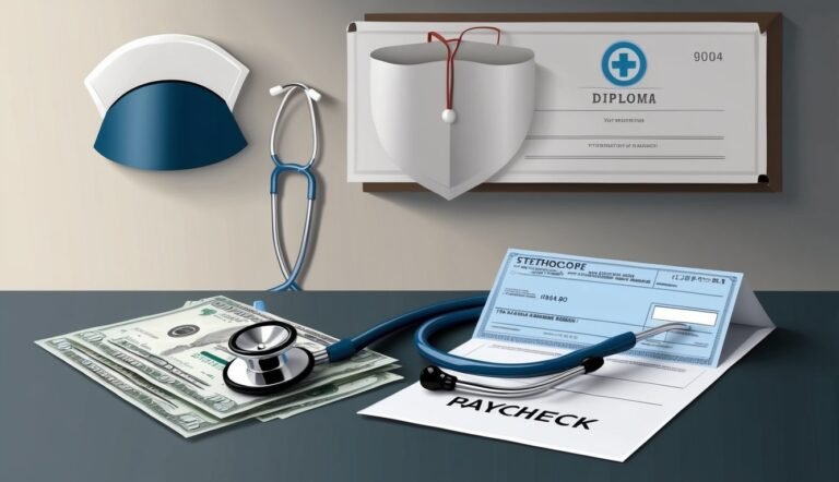 Nurse's hat, stethoscope, diploma, money, and paycheck on a desk