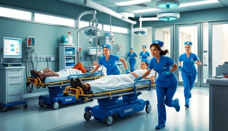 Nurses rush patients on gurneys through a hospital emergency room