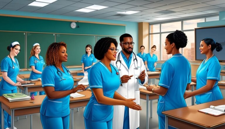 Medical students in scrubs and a doctor in a classroom setting