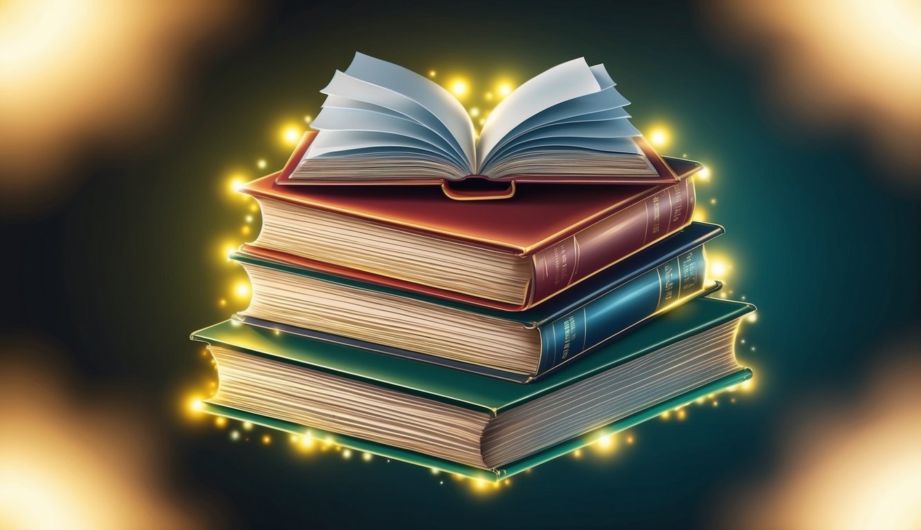 Stack of colorful books with an open book on top, glowing lights