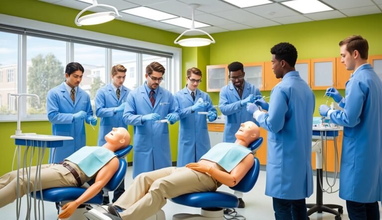 Dental students practice on mannequins in a bright, modern classroom