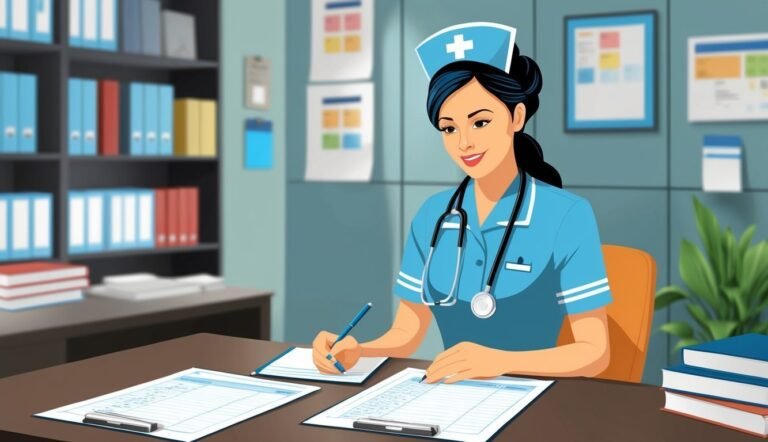 Nurse in blue uniform writing on paperwork at a desk