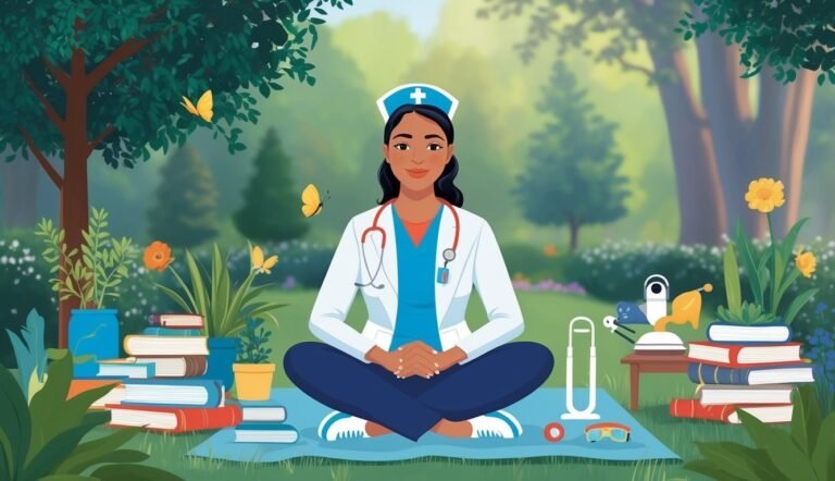Nurse meditating in a garden with books, flowers, and butterflies