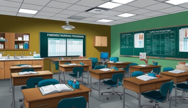 Classroom with desks, chairs, and blackboards labeled "Forensic Nursing Program."