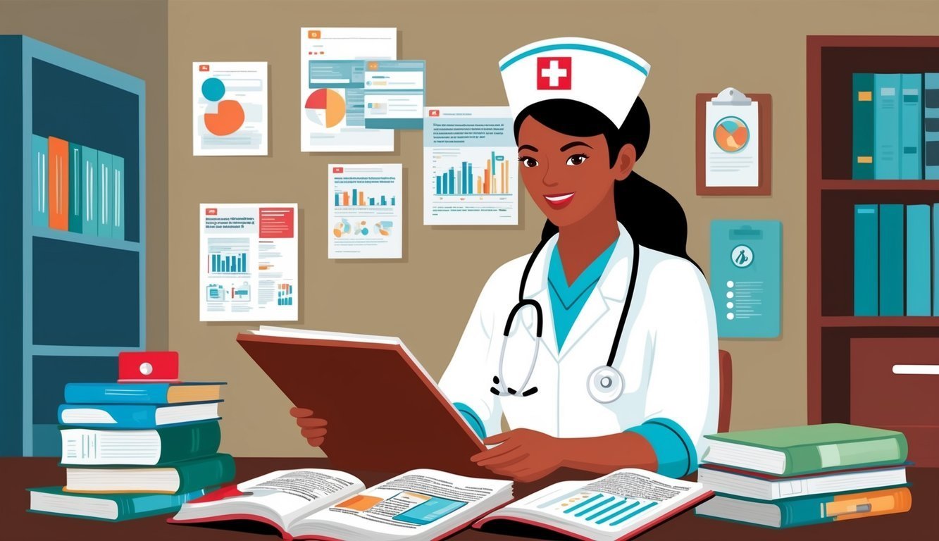 Nurse in uniform reviewing documents at a desk with books and charts