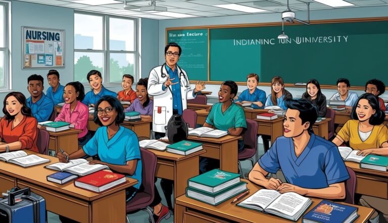 Nursing class with a professor and diverse students in a classroom