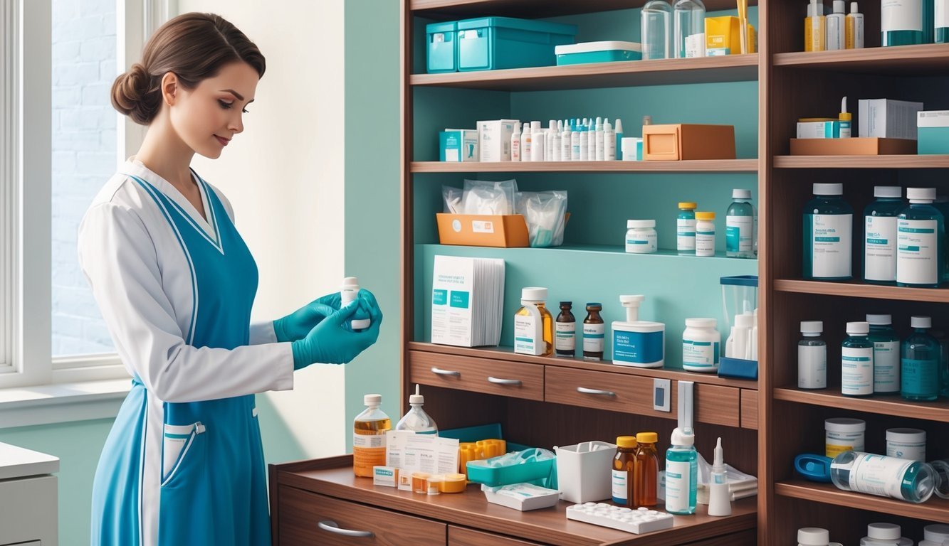 Pharmacist in blue scrubs examines a pill bottle in a pharmacy
