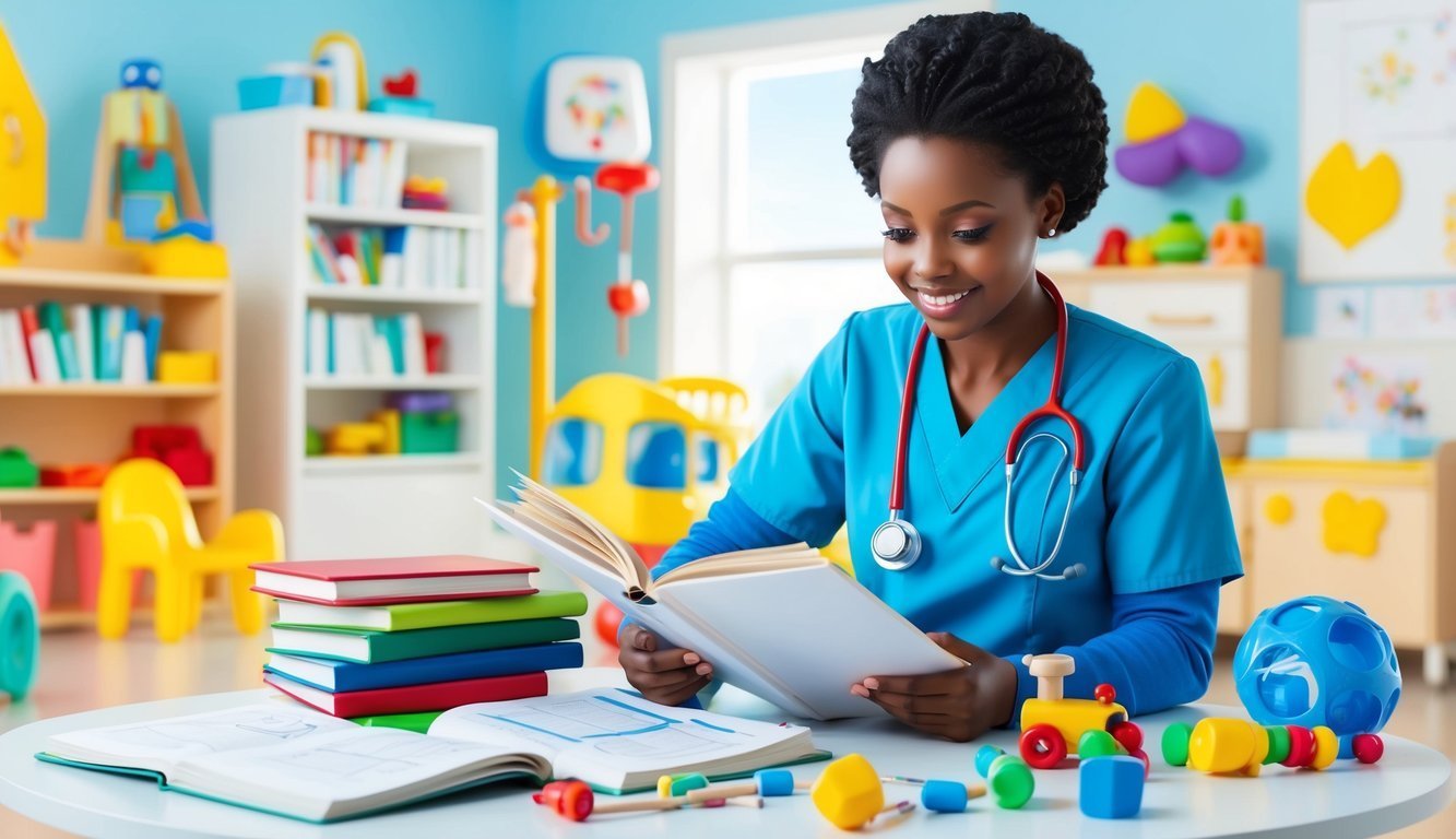 Smiling nurse reads a book in a colorful playroom with toys and books