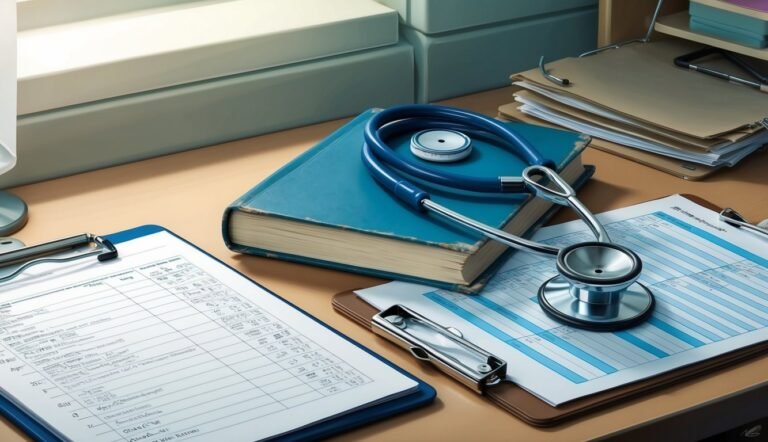 Stethoscope, medical forms, and a book on a desk in a doctor's office