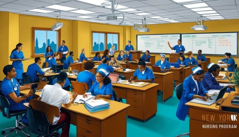 Nursing students in blue scrubs attend a class in a New York classroom