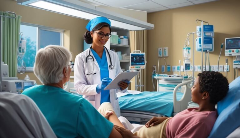 Doctor with clipboard talking to patients in a hospital room