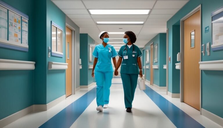 Two nurses in scrubs and masks walk down a hospital hallway, holding hands