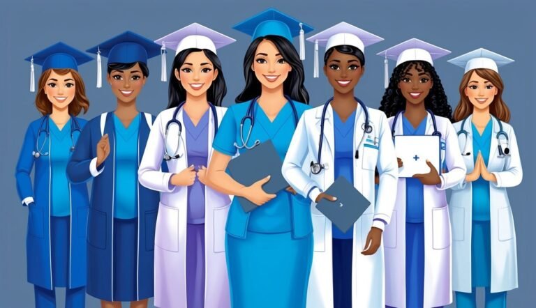 Graduating nurses in caps and gowns, wearing scrubs and lab coats