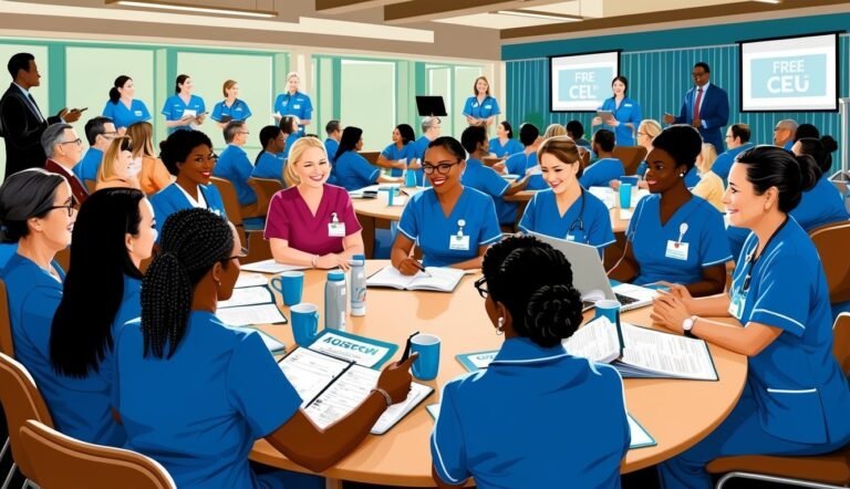 Nurses in blue scrubs attend a conference with "Free CEU" signs