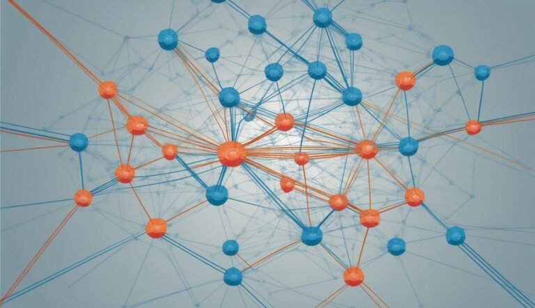 Abstract network of orange and blue spheres connected by lines