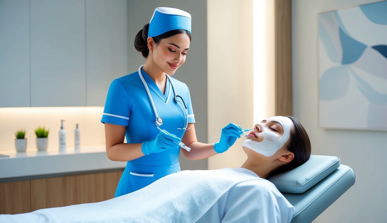 Nurse giving a facial treatment to a patient lying on a bed