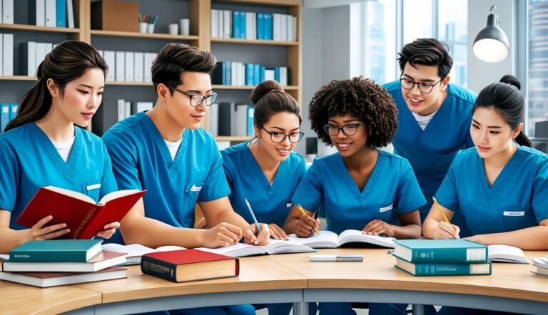 Medical students in scrubs study together at a table with books