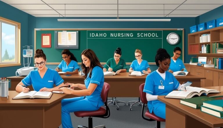 Nursing students in scrubs studying at desks in a classroom