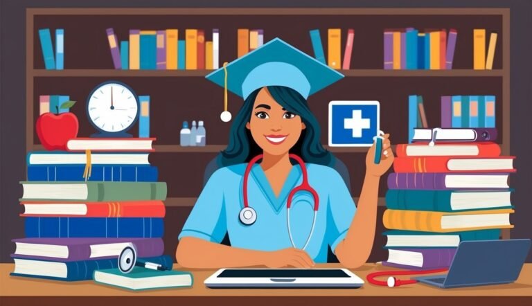 Nurse graduate with stethoscope, books, and laptop in a library setting