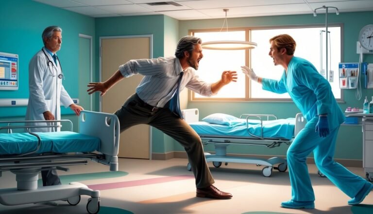 Man in hospital room lunging toward a doctor in scrubs