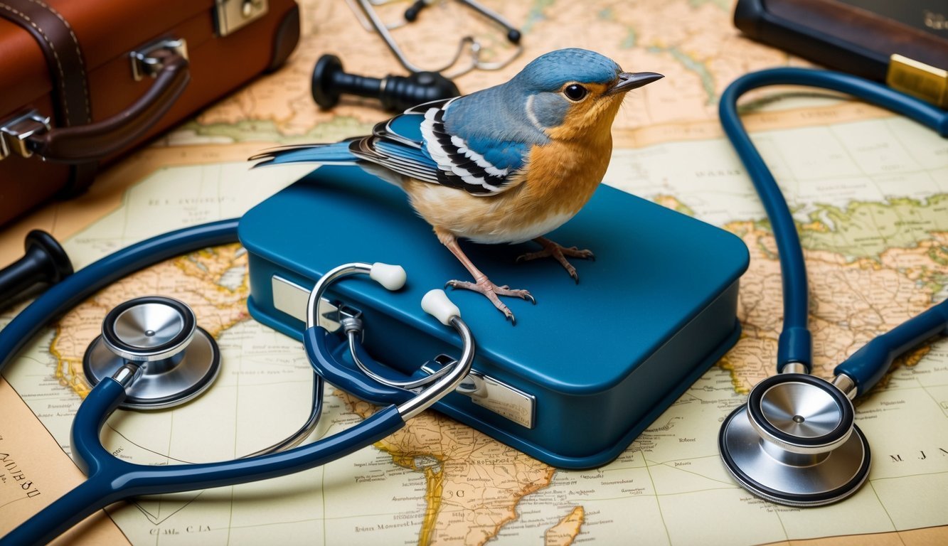 Colorful bird on a blue suitcase with a stethoscope on a map