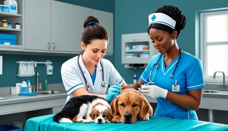 Two veterinarians examining dogs on a table in a clinic