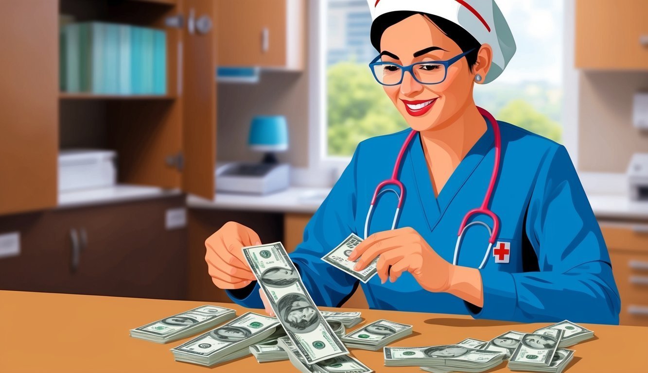 Nurse in scrubs and cap counts stacks of money on a table
