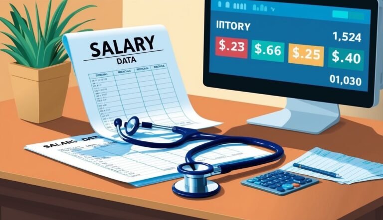 Salary data, stethoscope, and computer screen with financial information on desk