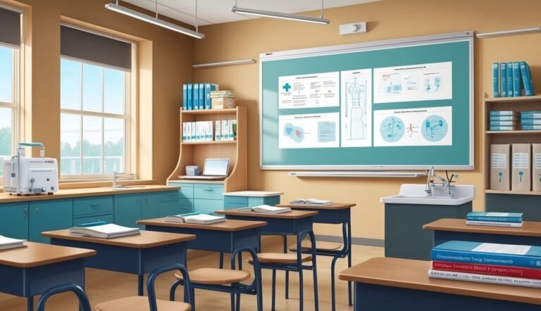 Classroom interior with desks, a whiteboard with diagrams, and medical equipment