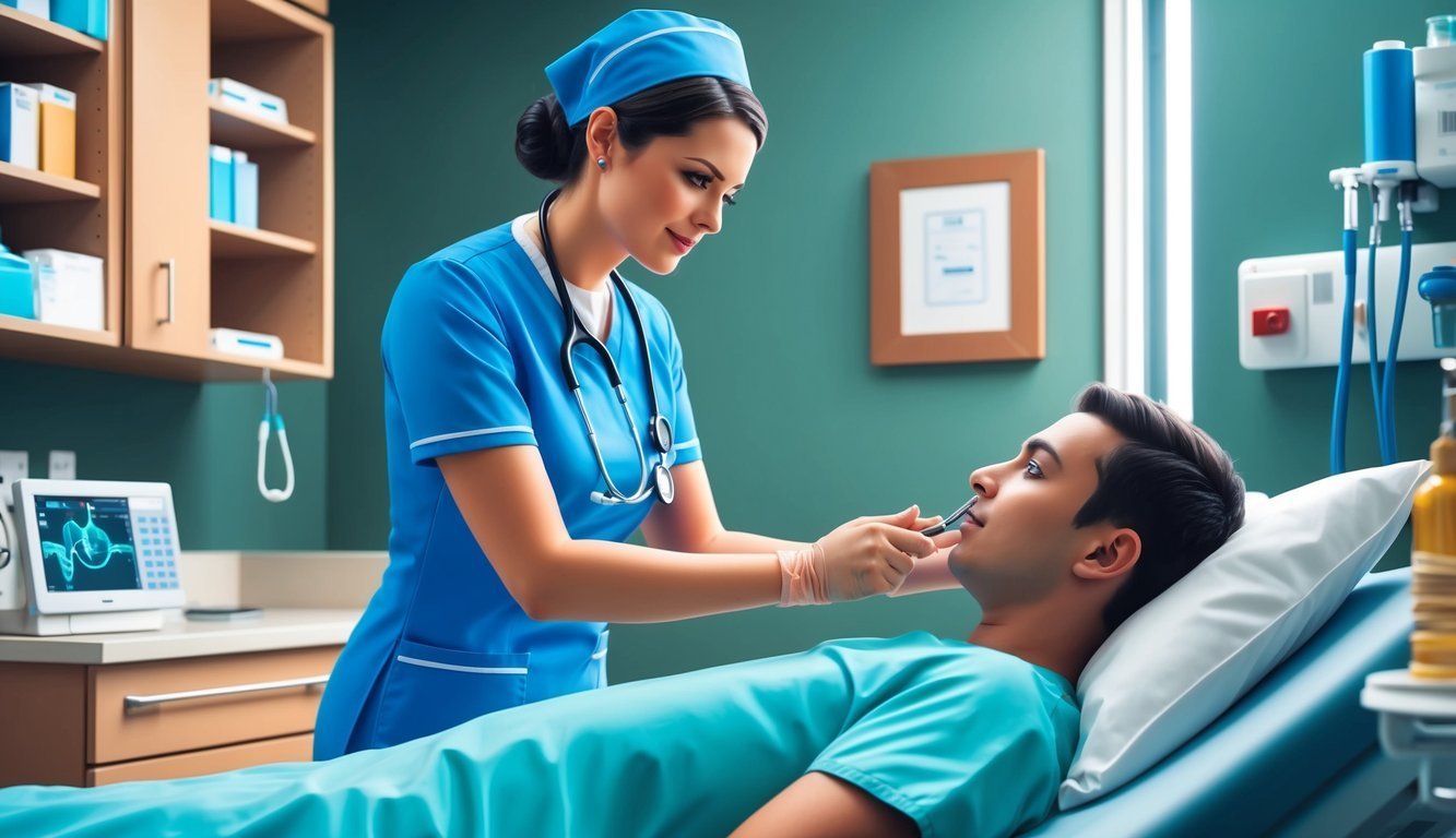 Nurse taking a patient's temperature in a hospital room