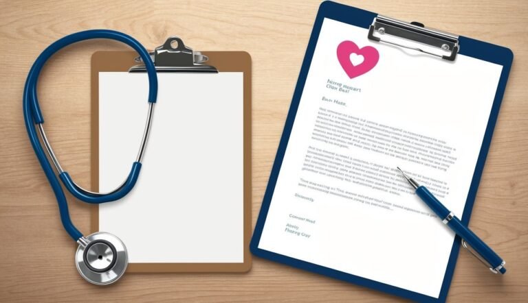Clipboard with medical report, stethoscope, and pen on a wooden surface