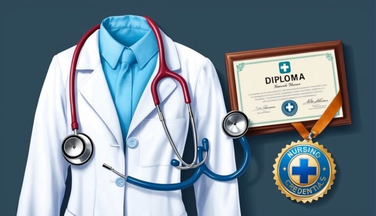 White lab coat, stethoscope, diploma, and nursing credentials medal