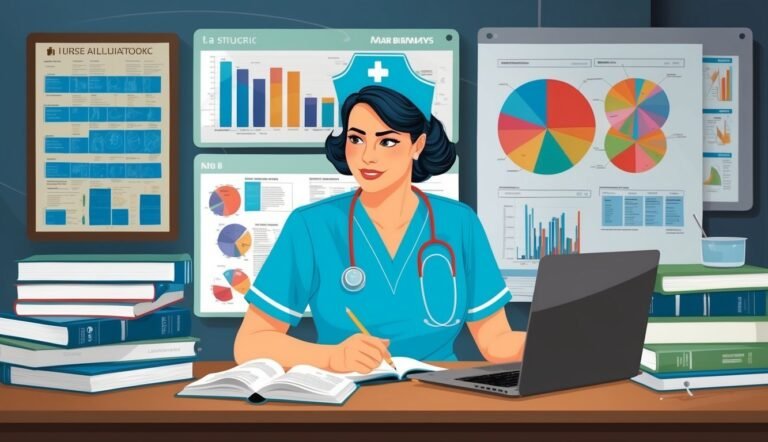 Nurse working at a desk with laptop, books, and medical charts