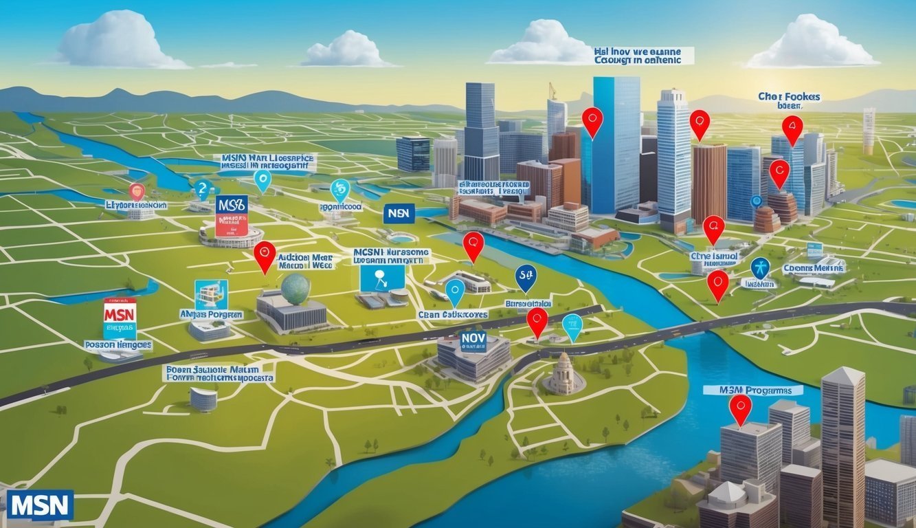 City map illustration with buildings, roads, river, and location markers