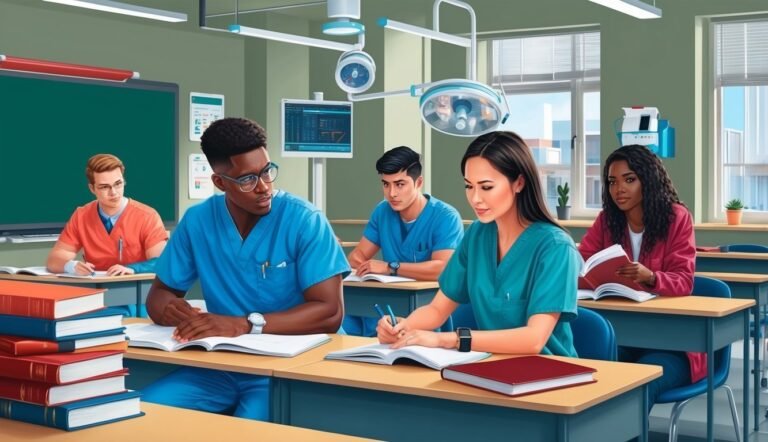Medical students in a classroom, studying with books and surgical lights overhead