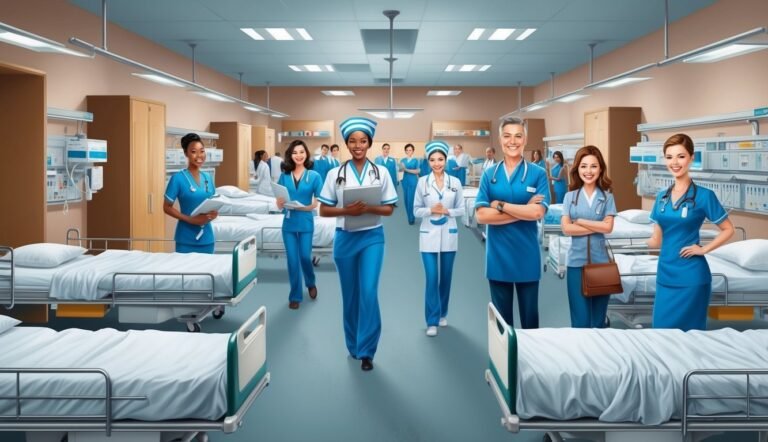 Group of nurses in blue scrubs walking in a hospital room