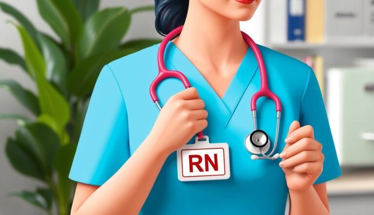 Nurse in blue scrubs with pink stethoscope and "RN" badge