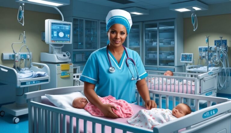 Nurse in scrubs with stethoscope, smiling at babies in cribs